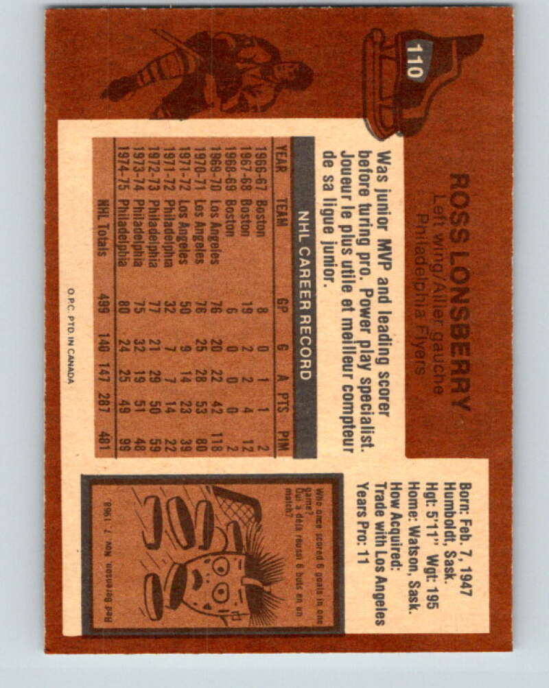 1975-76 O-Pee-Chee #110 Ross Lonsberry Philadelphia Flyers V5661
