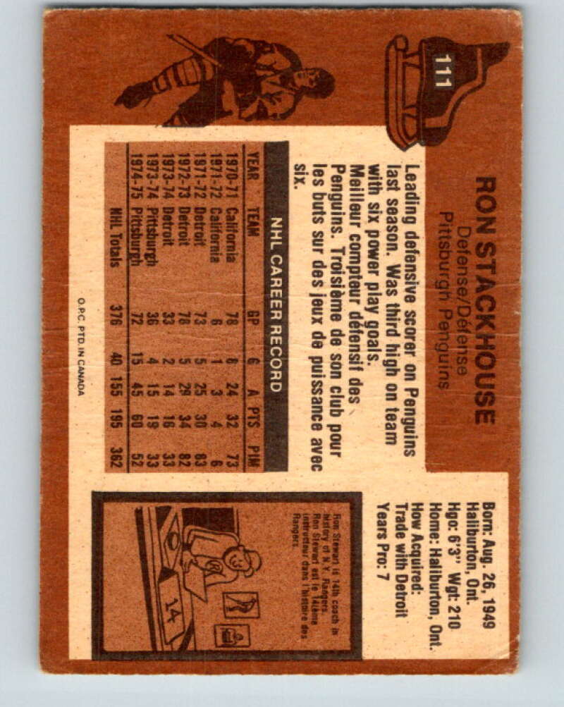 1975-76 O-Pee-Chee #111 Ron Stackhouse Pittsburgh Penguins V5664