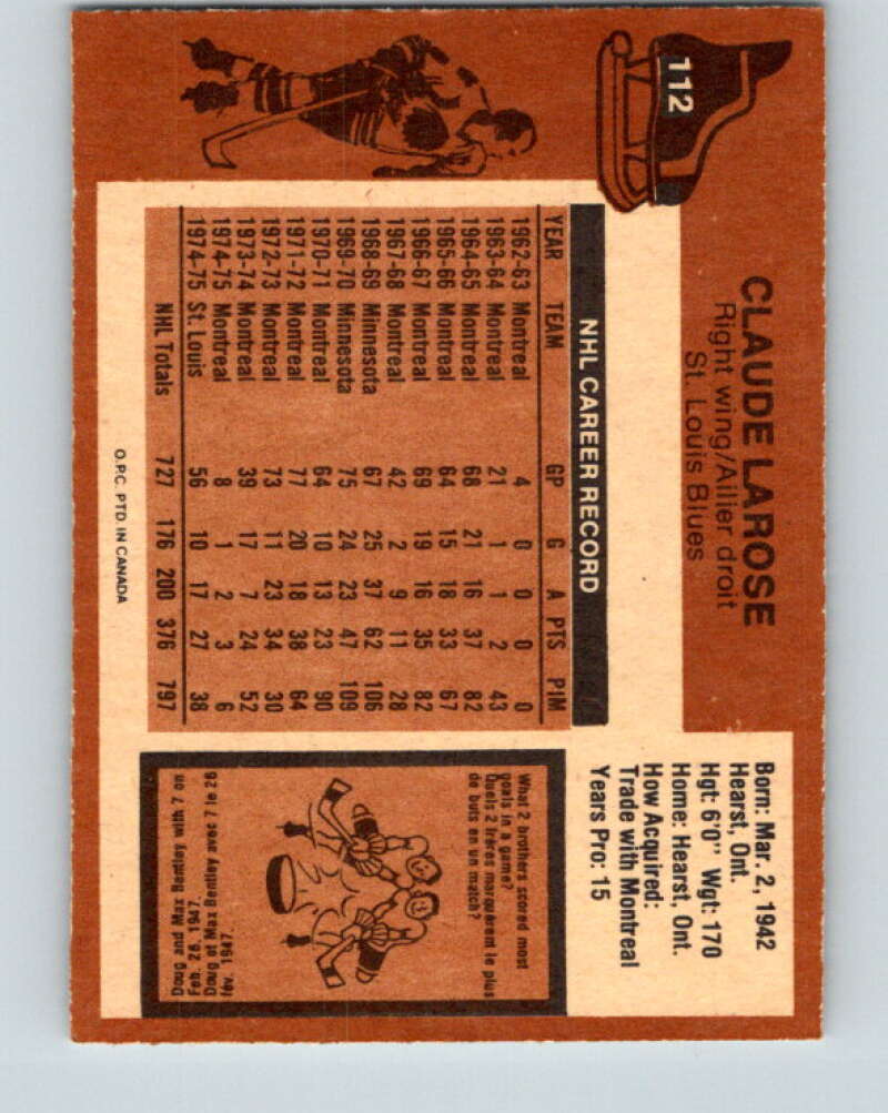 1975-76 O-Pee-Chee #112 Claude Larose St. Louis Blues V5667