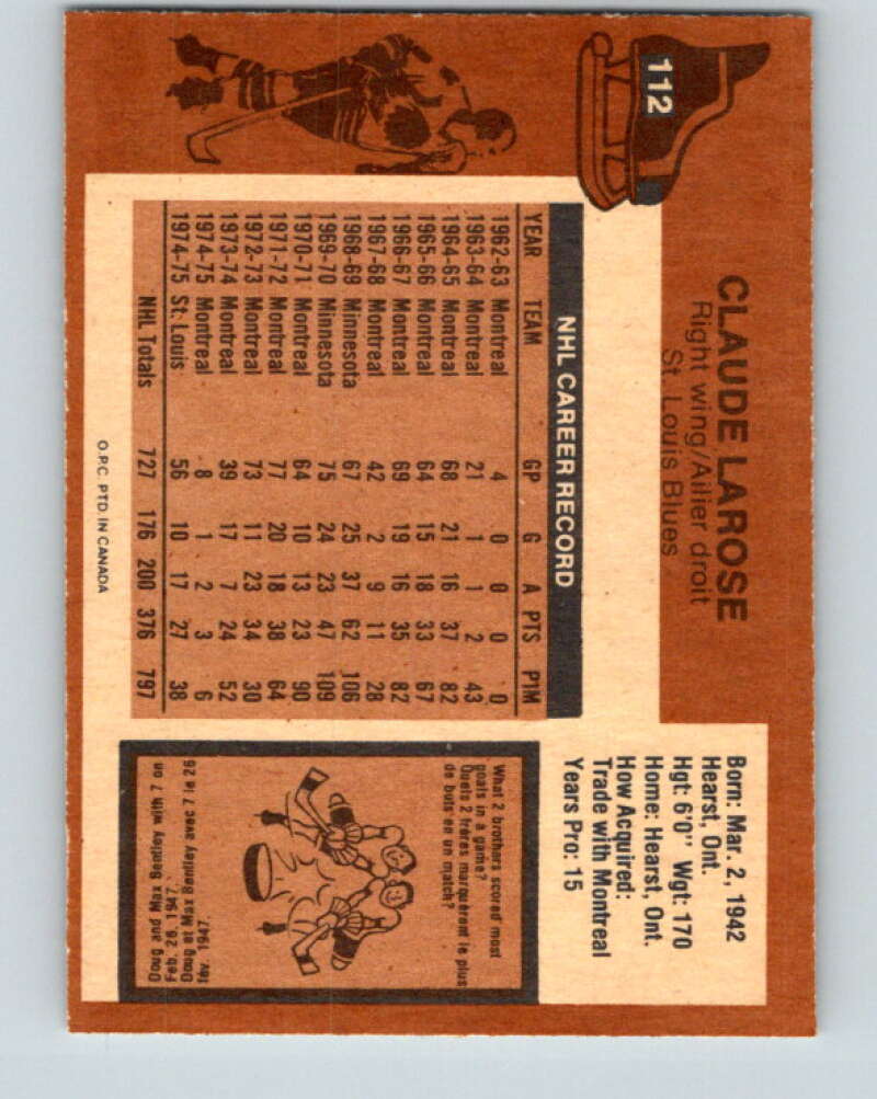 1975-76 O-Pee-Chee #112 Claude Larose St. Louis Blues V5668