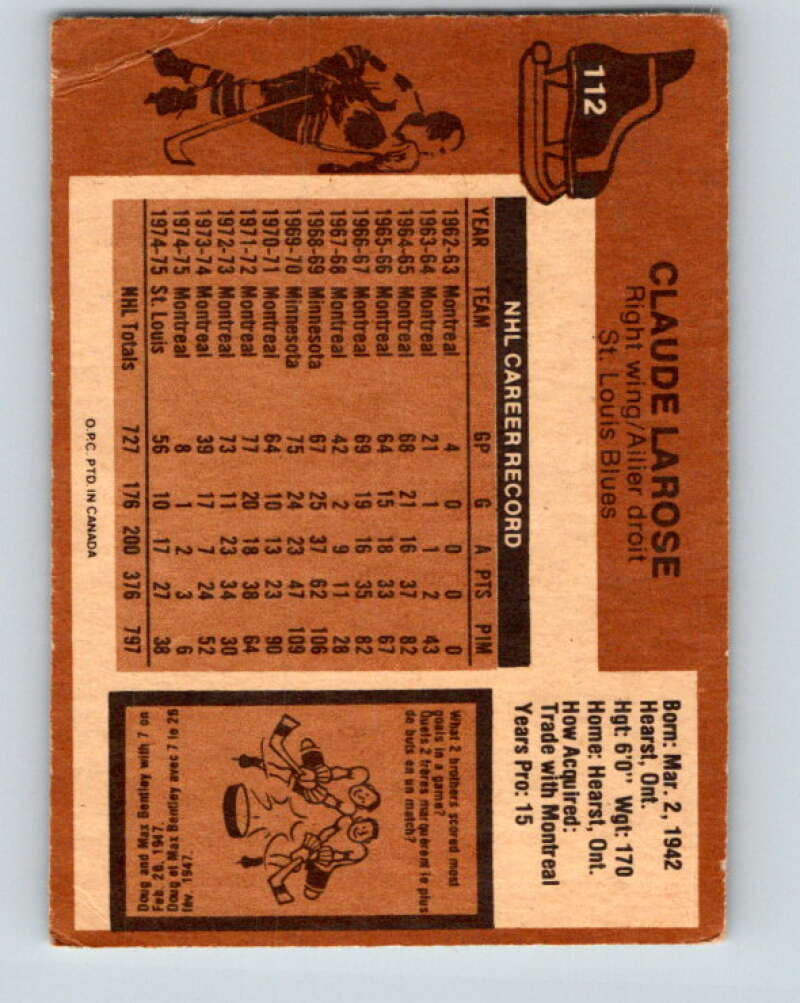 1975-76 O-Pee-Chee #112 Claude Larose St. Louis Blues V5669
