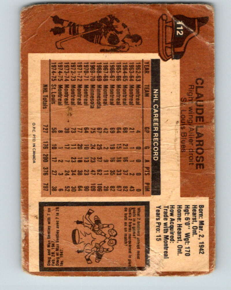 1975-76 O-Pee-Chee #112 Claude Larose St. Louis Blues V5670