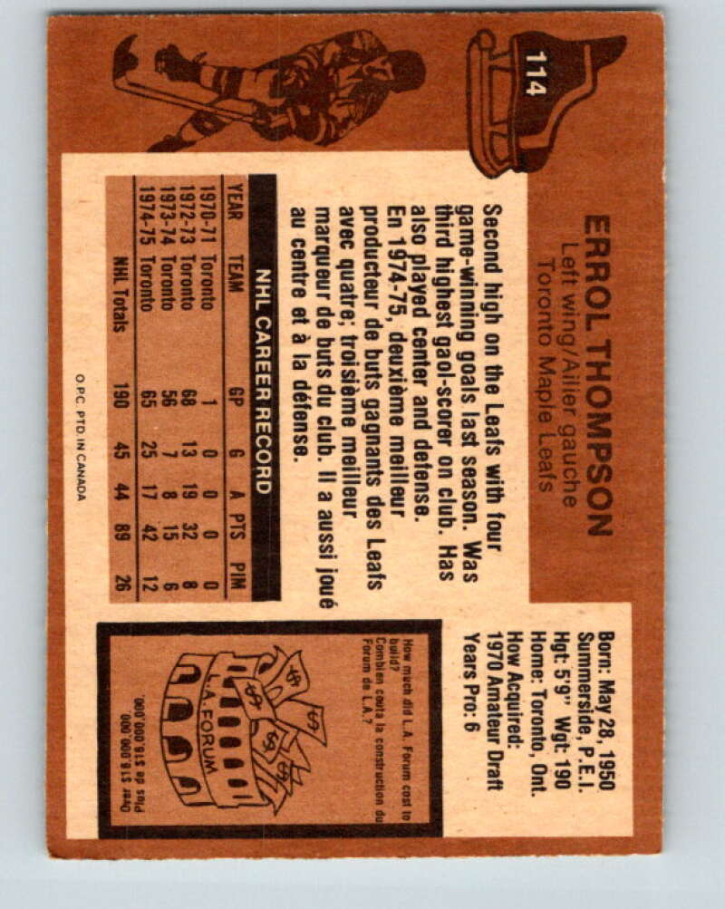 1975-76 O-Pee-Chee #114 Errol Thompson RC Rookie Leafs V5675