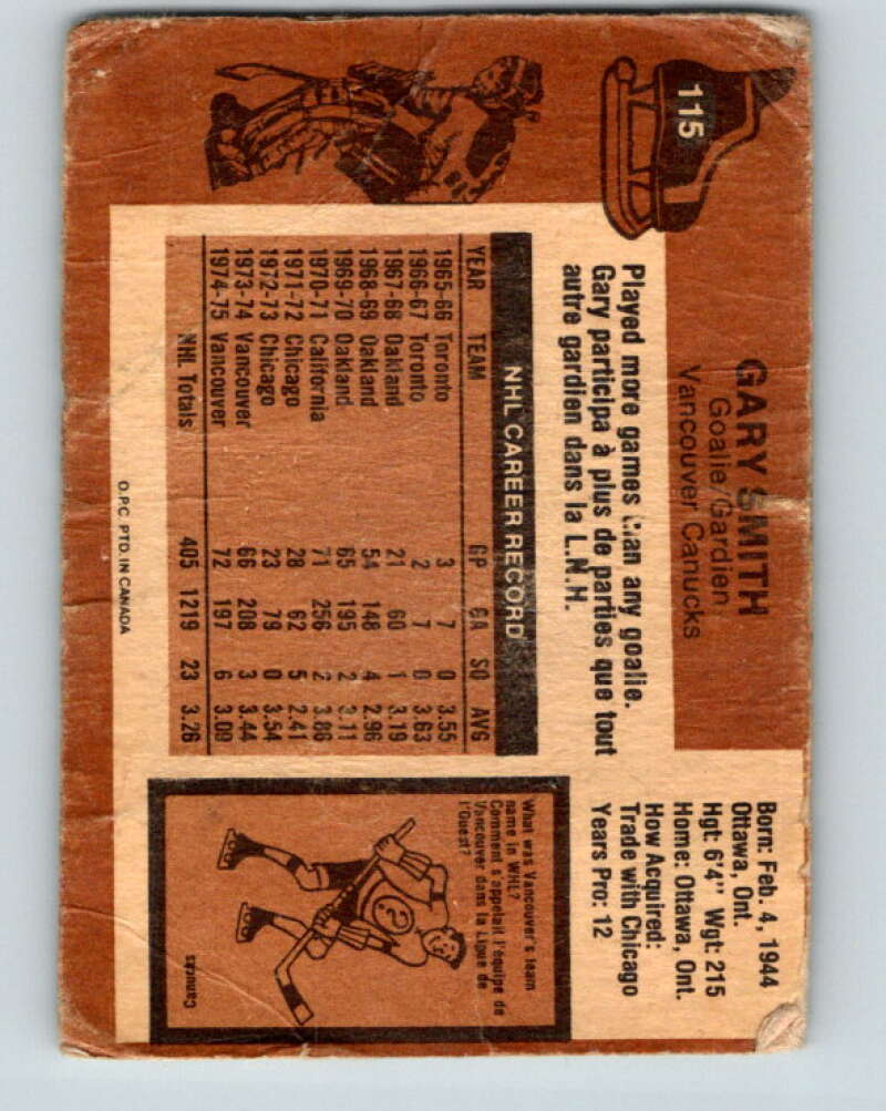1975-76 O-Pee-Chee #115 Gary Smith Vancouver Canucks V5678