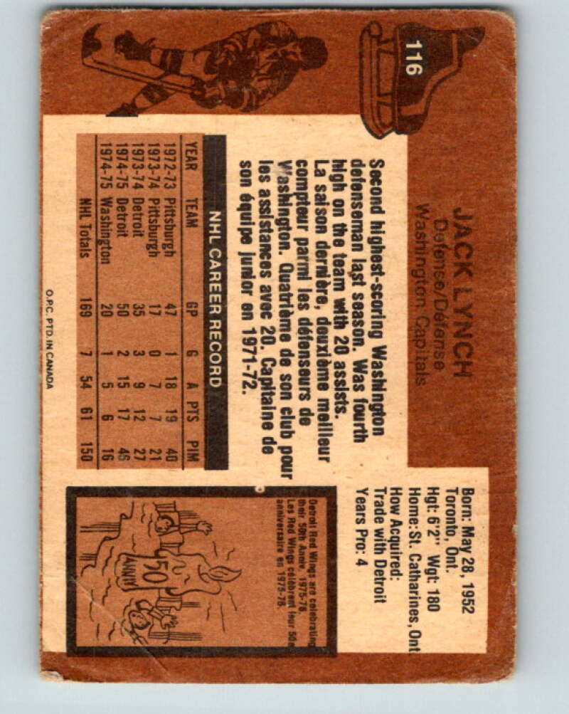 1975-76 O-Pee-Chee #116 Jack Lynch Washington Capitals V5679