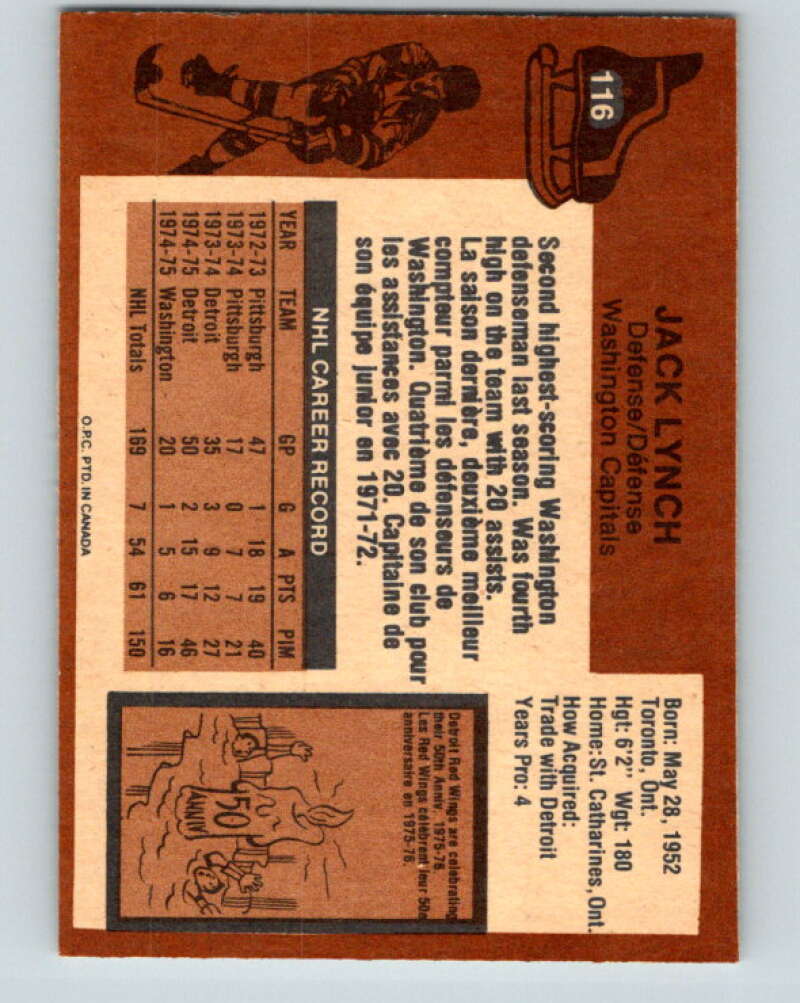 1975-76 O-Pee-Chee #116 Jack Lynch Washington Capitals V5680