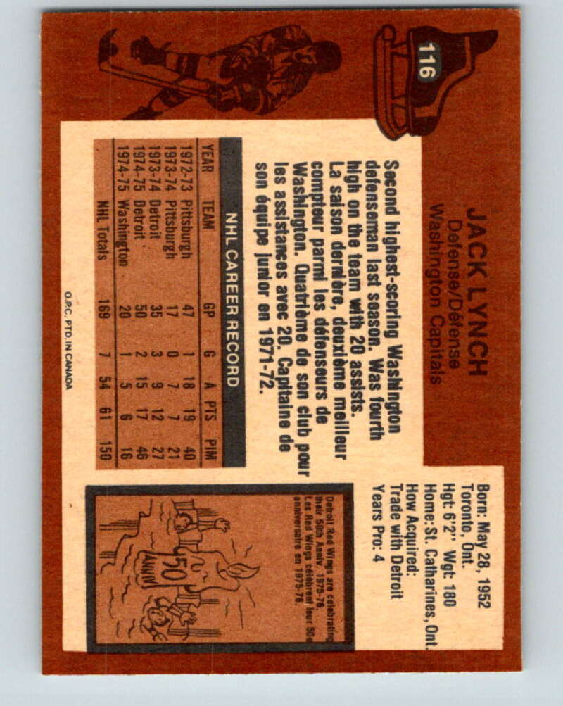 1975-76 O-Pee-Chee #116 Jack Lynch Washington Capitals V5681