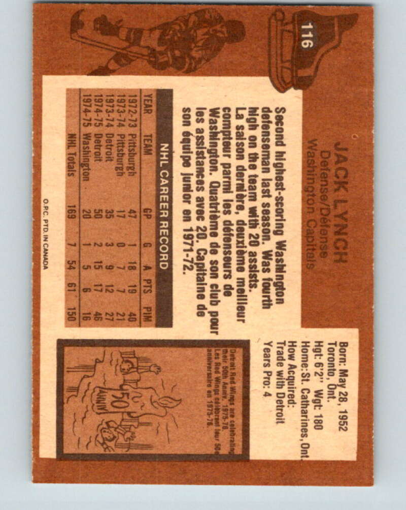 1975-76 O-Pee-Chee #116 Jack Lynch Washington Capitals V5682