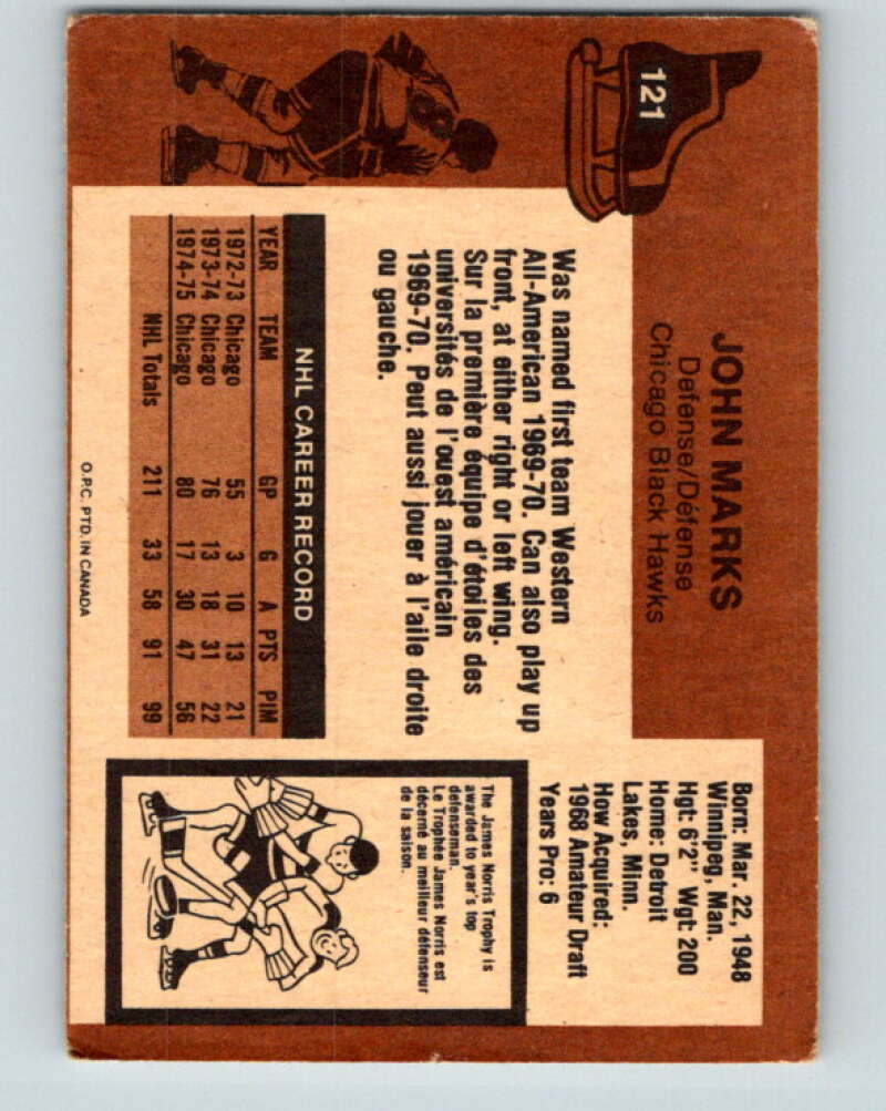 1975-76 O-Pee-Chee #121 John Marks Chicago Blackhawks V5700