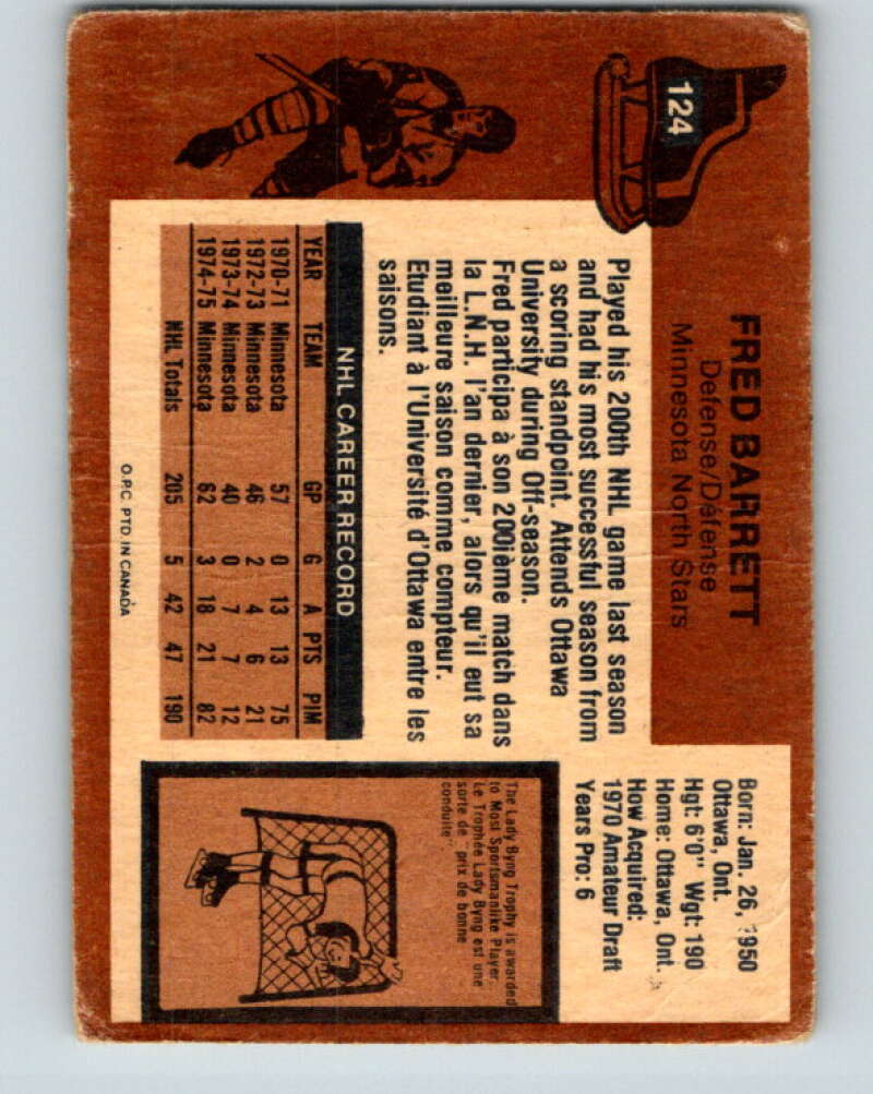 1975-76 O-Pee-Chee #124 Fred Barrett Minnesota North Stars V5714