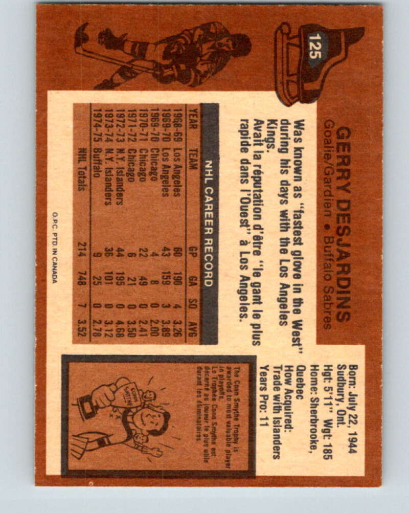 1975-76 O-Pee-Chee #125 Gerry Desjardins Buffalo Sabres V5716