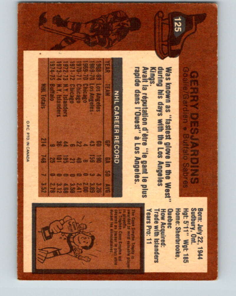 1975-76 O-Pee-Chee #125 Gerry Desjardins Buffalo Sabres V5717