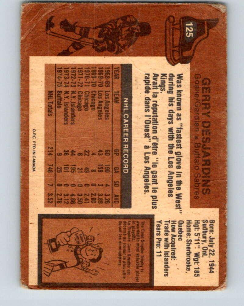 1975-76 O-Pee-Chee #125 Gerry Desjardins Buffalo Sabres V5718