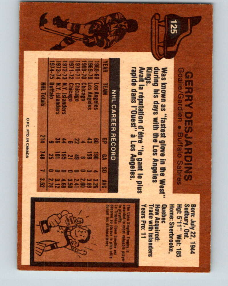 1975-76 O-Pee-Chee #125 Gerry Desjardins Buffalo Sabres V5719