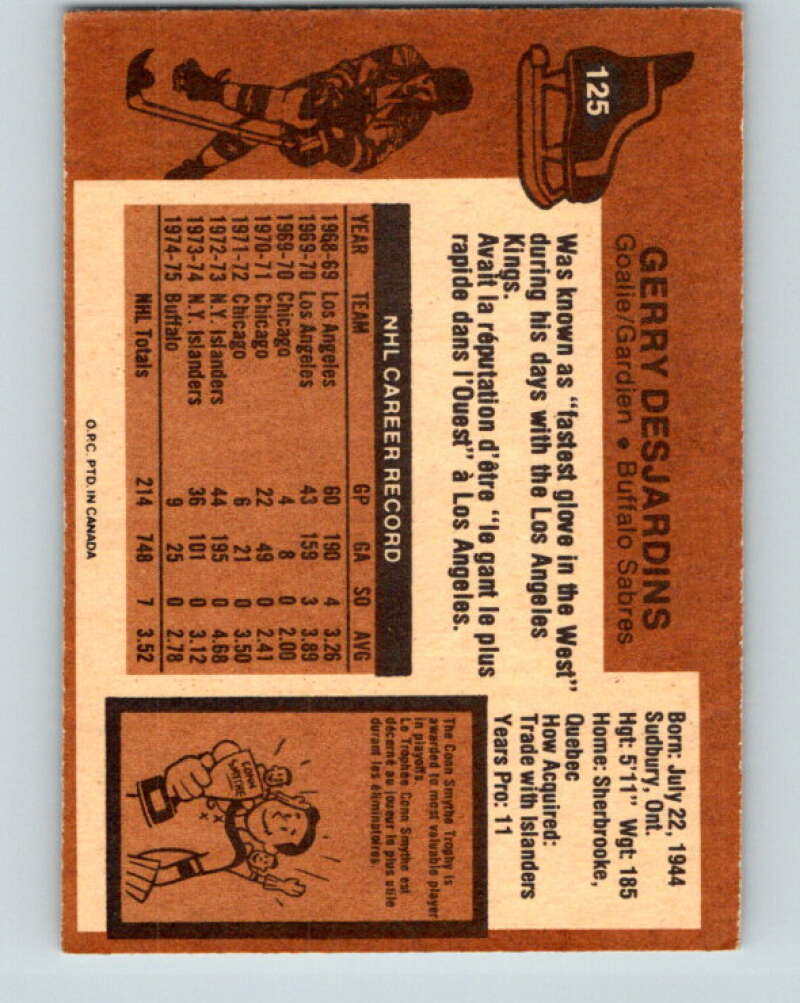 1975-76 O-Pee-Chee #125 Gerry Desjardins Buffalo Sabres V5720