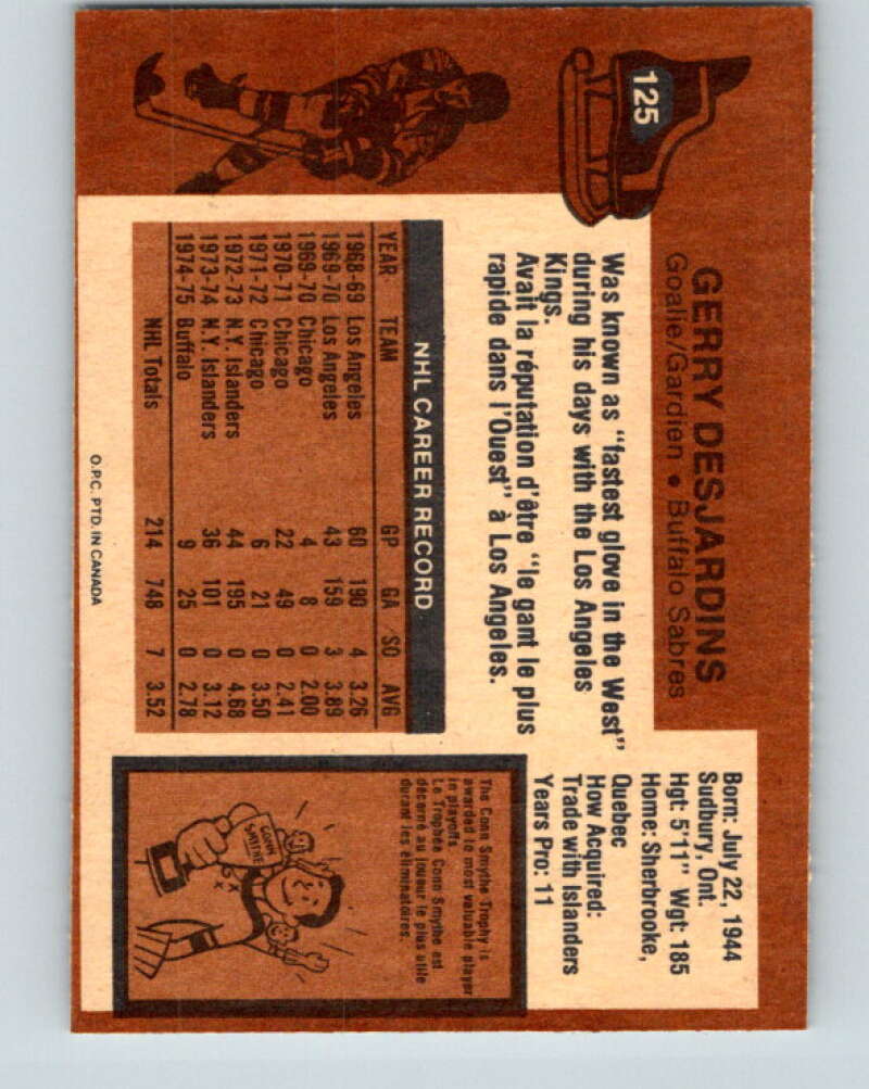 1975-76 O-Pee-Chee #125 Gerry Desjardins Buffalo Sabres V5721