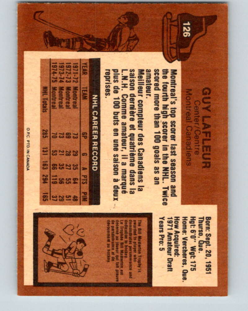 1975-76 O-Pee-Chee #126 Guy Lafleur UER Montreal Canadiens V5723