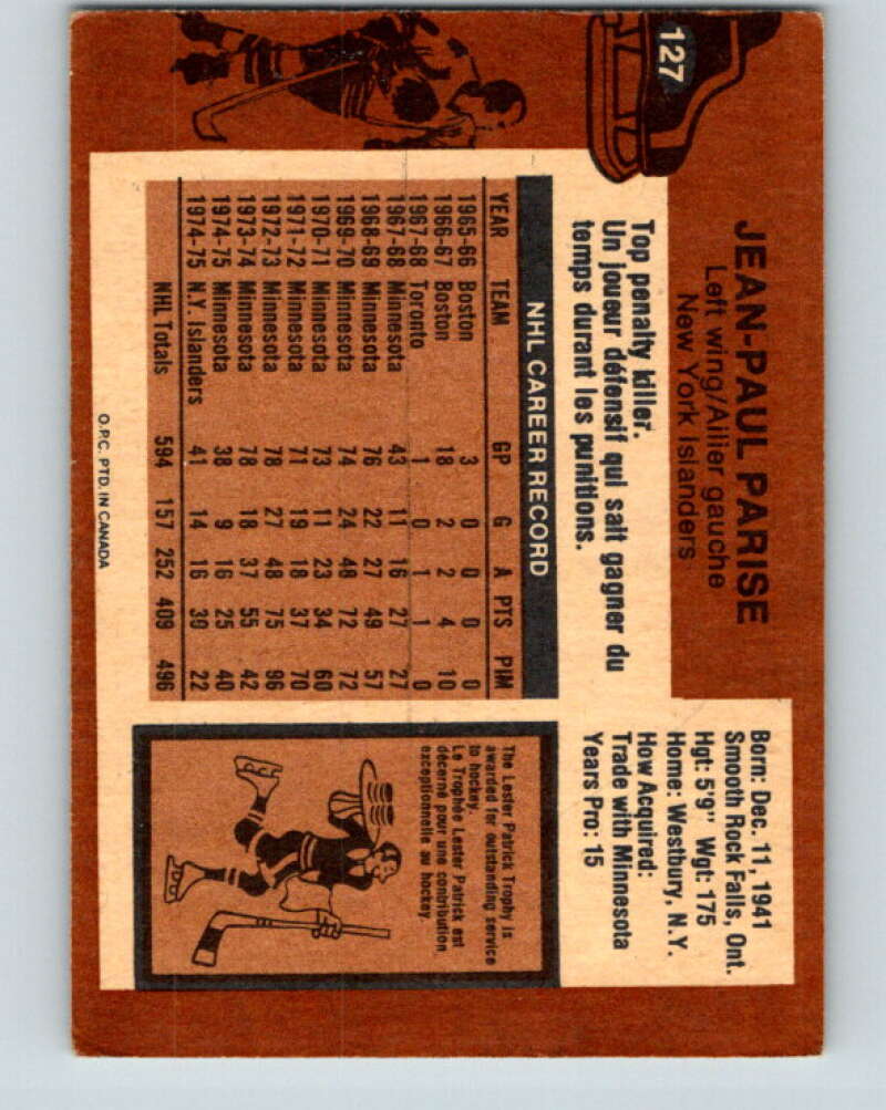 1975-76 O-Pee-Chee #127 J.P. Parise New York Islanders V5727