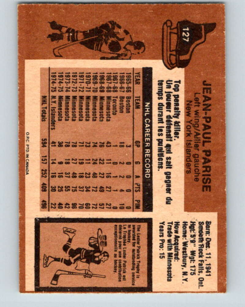 1975-76 O-Pee-Chee #127 J.P. Parise New York Islanders V5729