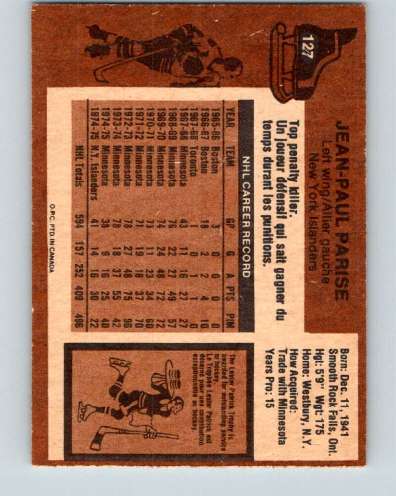 1975-76 O-Pee-Chee #127 J.P. Parise New York Islanders V5730
