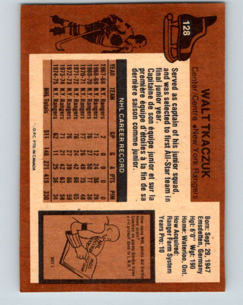 1975-76 O-Pee-Chee #128 Walt Tkaczuk New York Rangers V5735