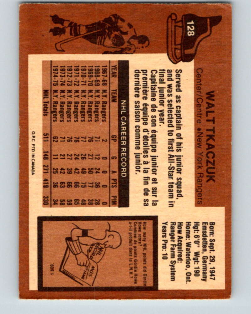 1975-76 O-Pee-Chee #128 Walt Tkaczuk New York Rangers V5737