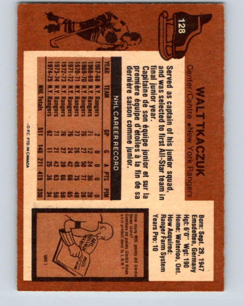 1975-76 O-Pee-Chee #128 Walt Tkaczuk New York Rangers V5738