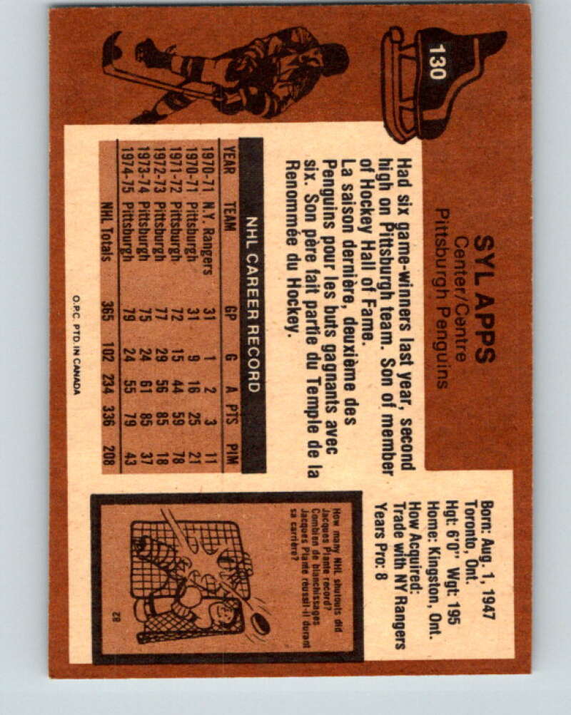 1975-76 O-Pee-Chee #130 Syl Apps Jr. Pittsburgh Penguins V5748
