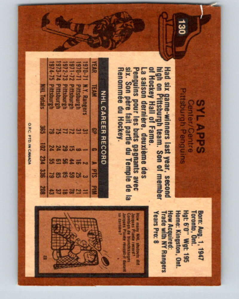 1975-76 O-Pee-Chee #130 Syl Apps Jr. Pittsburgh Penguins V5750