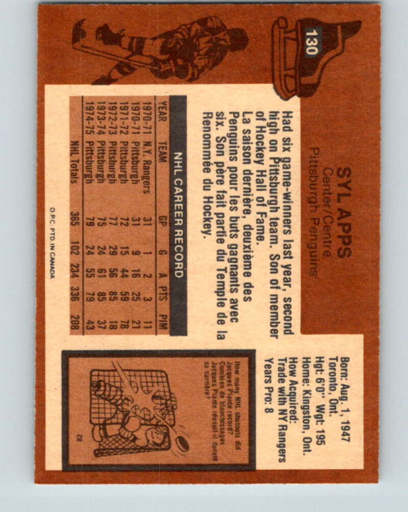 1975-76 O-Pee-Chee #130 Syl Apps Jr. Pittsburgh Penguins V5751
