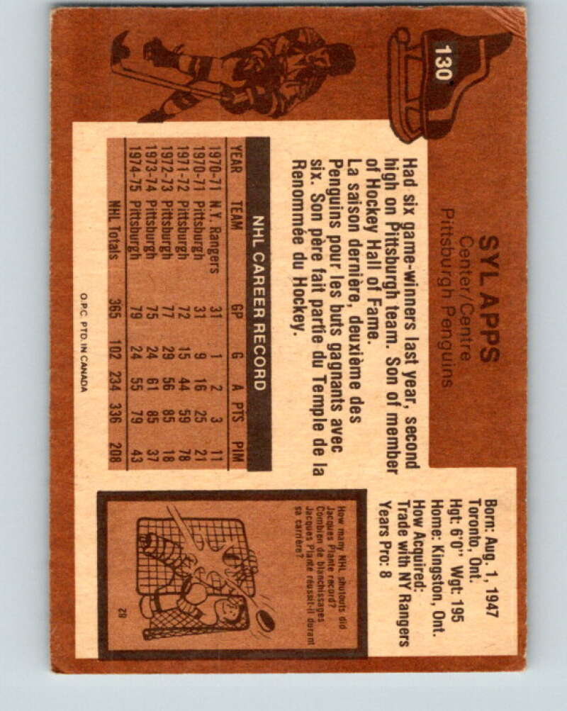 1975-76 O-Pee-Chee #130 Syl Apps Jr. Pittsburgh Penguins V5752