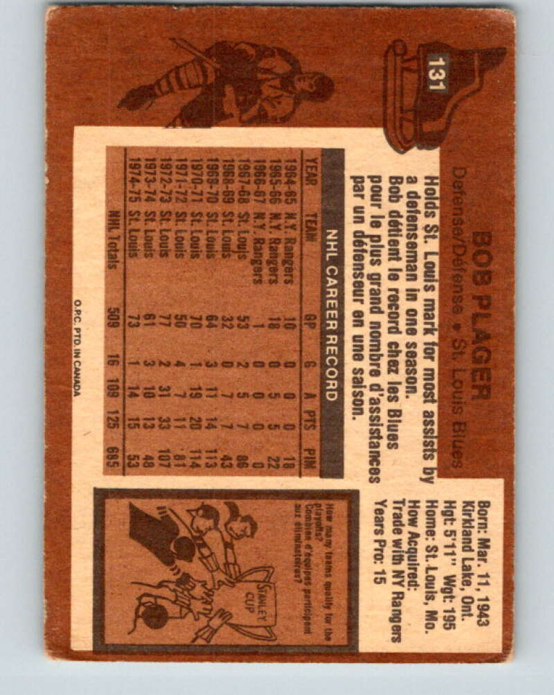 1975-76 O-Pee-Chee #131 Bob Plager St. Louis Blues V5754