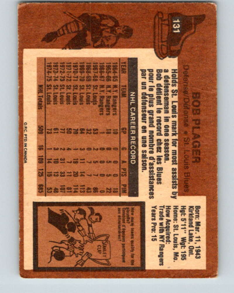 1975-76 O-Pee-Chee #131 Bob Plager St. Louis Blues V5755