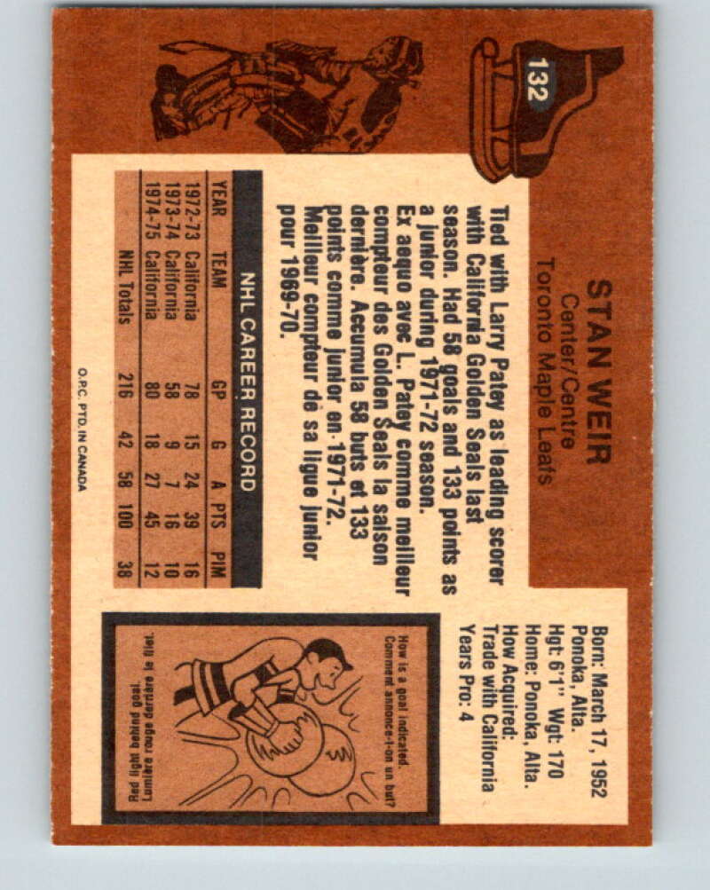1975-76 O-Pee-Chee #132 Stan Weir Toronto Maple Leafs V5756