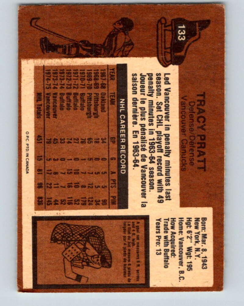 1975-76 O-Pee-Chee #133 Tracy Pratt Vancouver Canucks V5761