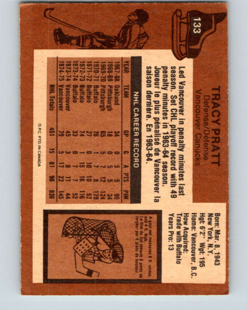 1975-76 O-Pee-Chee #133 Tracy Pratt Vancouver Canucks V5762