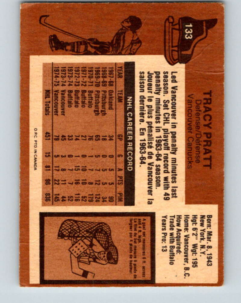 1975-76 O-Pee-Chee #133 Tracy Pratt Vancouver Canucks V5763