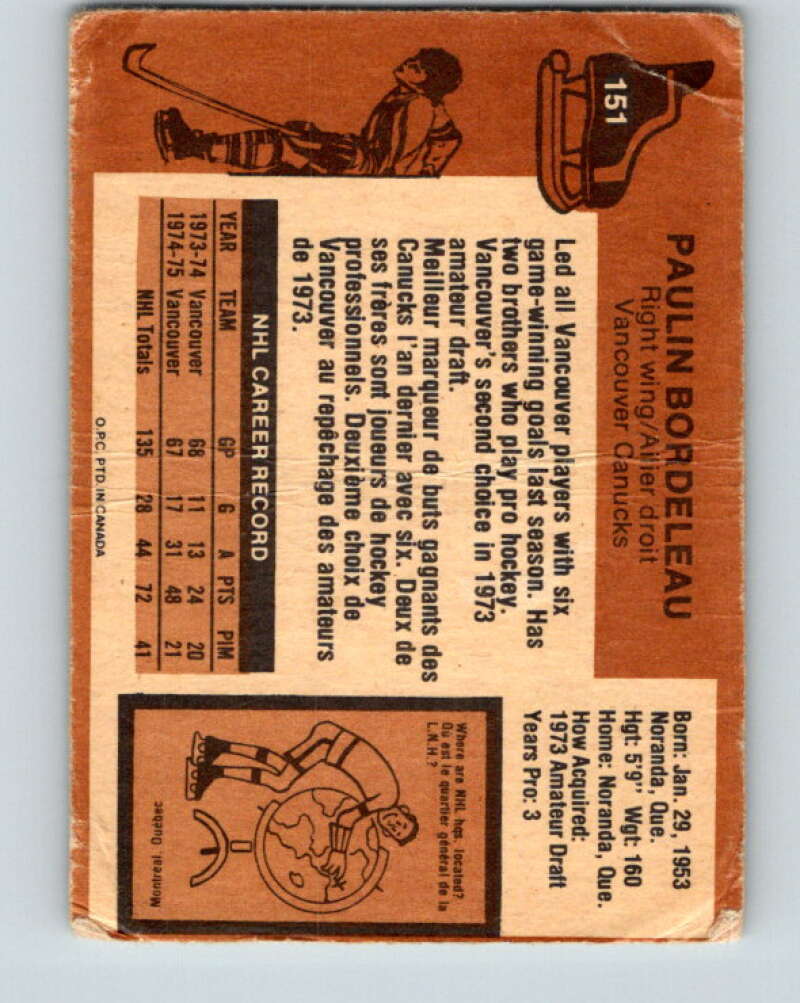 1975-76 O-Pee-Chee #151 Paulin Bordeleau Vancouver Canucks V5838