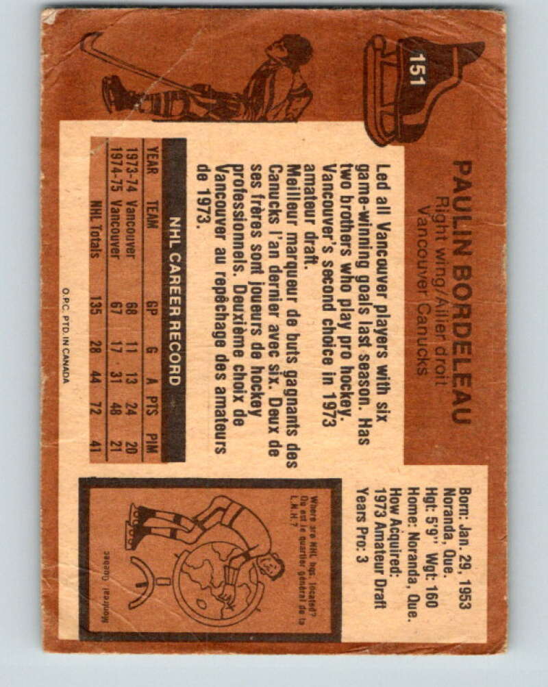 1975-76 O-Pee-Chee #151 Paulin Bordeleau Vancouver Canucks V5839