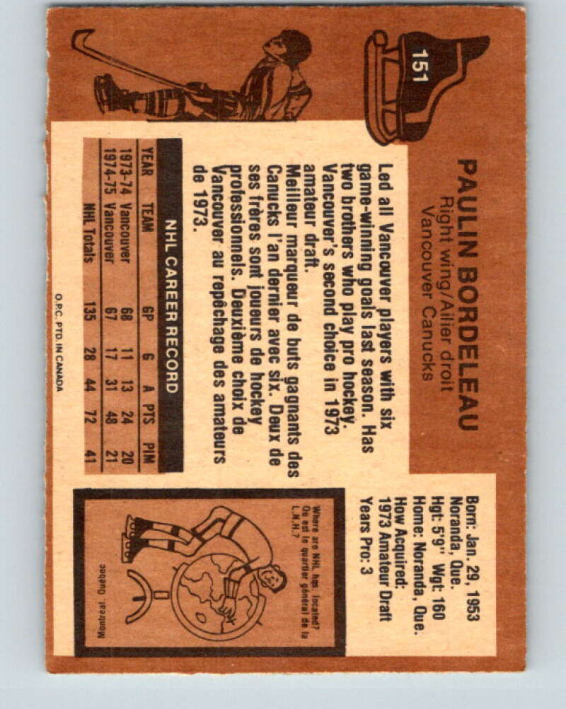 1975-76 O-Pee-Chee #151 Paulin Bordeleau Vancouver Canucks V5840