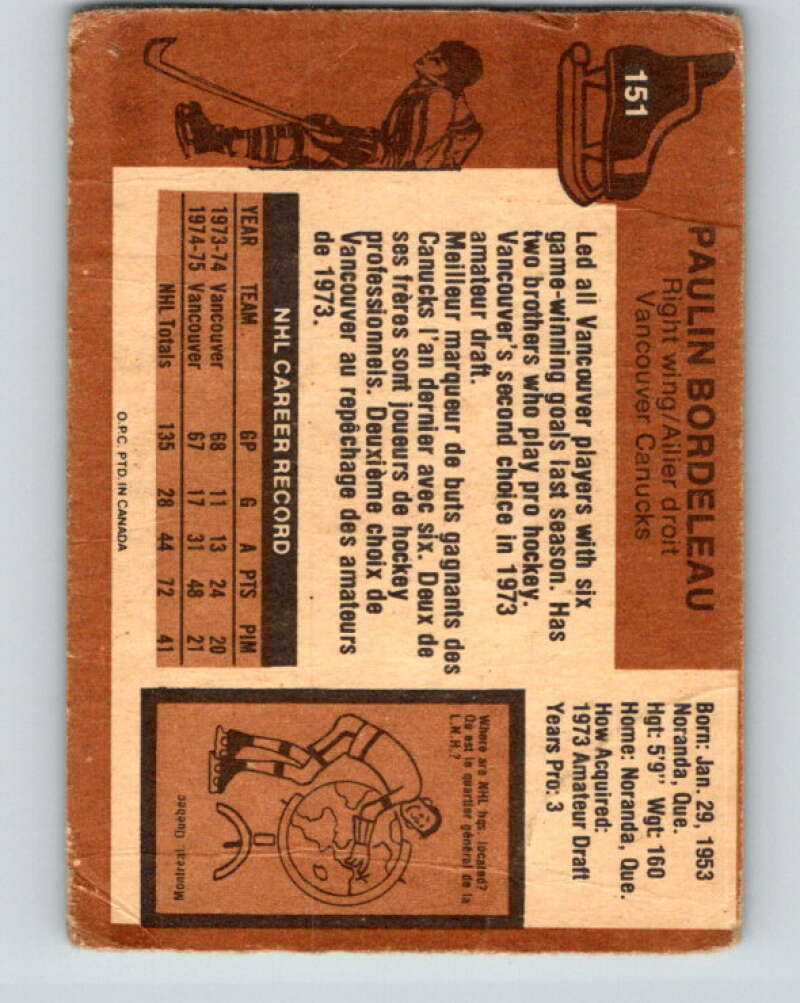 1975-76 O-Pee-Chee #151 Paulin Bordeleau Vancouver Canucks V5841