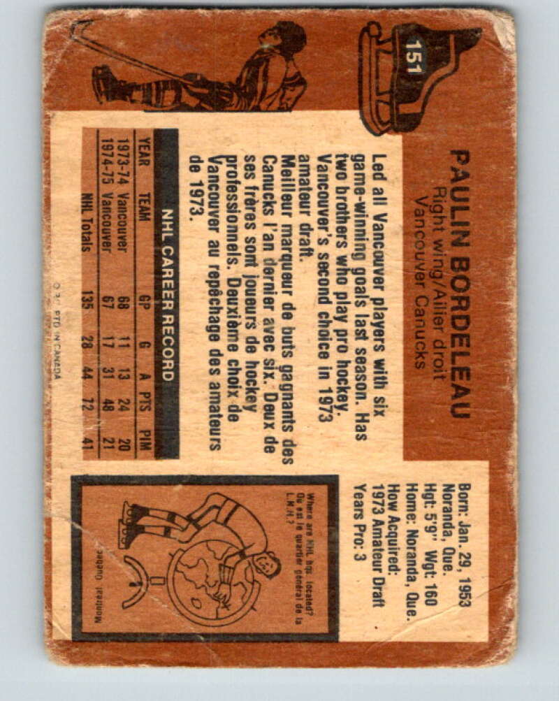 1975-76 O-Pee-Chee #151 Paulin Bordeleau Vancouver Canucks V5842