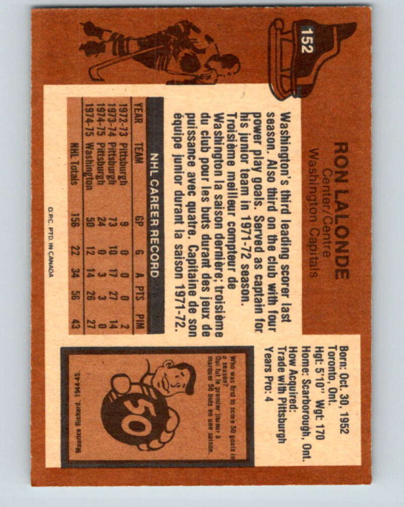 1975-76 O-Pee-Chee #152 Ron Lalonde RC Rookie Washington Capitals V5843