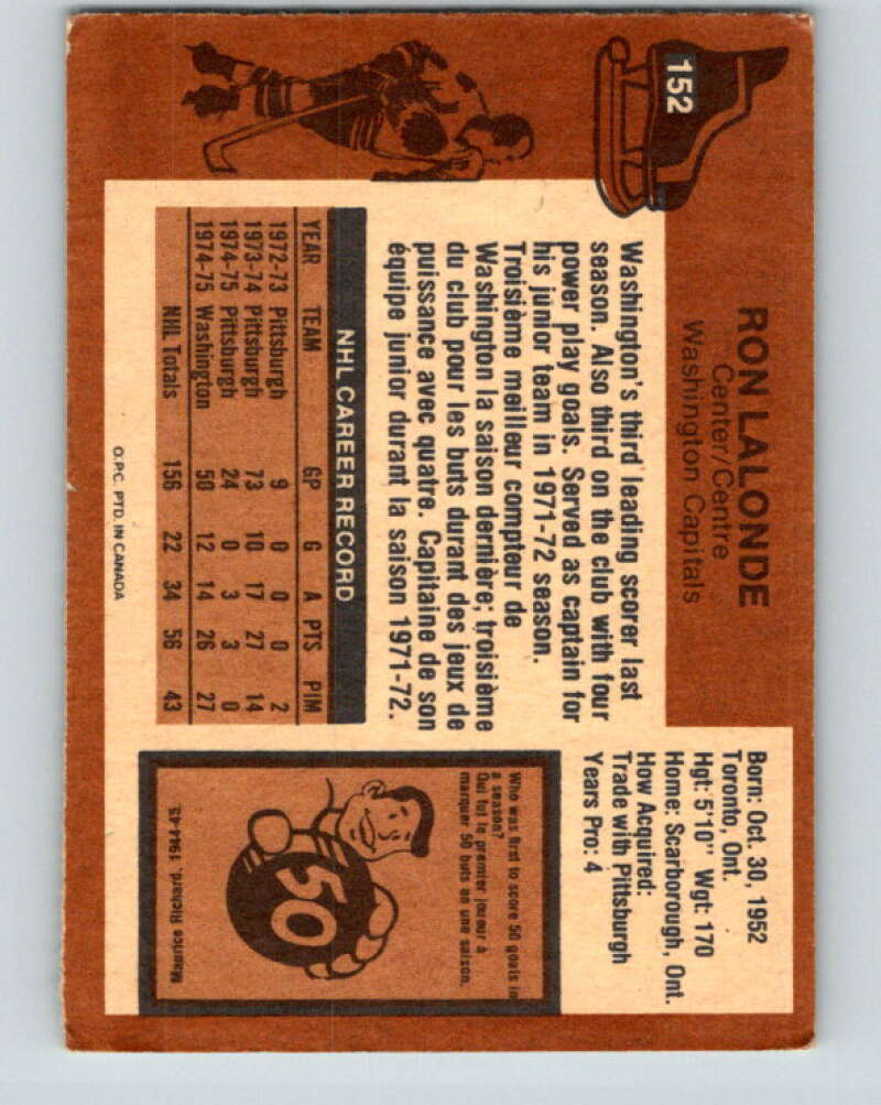 1975-76 O-Pee-Chee #152 Ron Lalonde RC Rookie Washington Capitals V5844