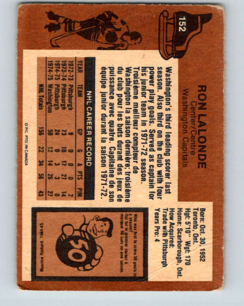 1975-76 O-Pee-Chee #152 Ron Lalonde RC Rookie Washington Capitals V5845