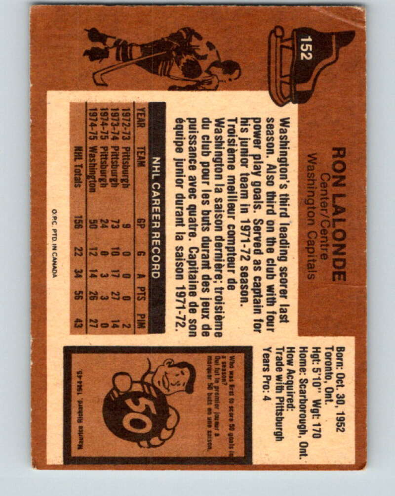 1975-76 O-Pee-Chee #152 Ron Lalonde RC Rookie Washington Capitals V5846
