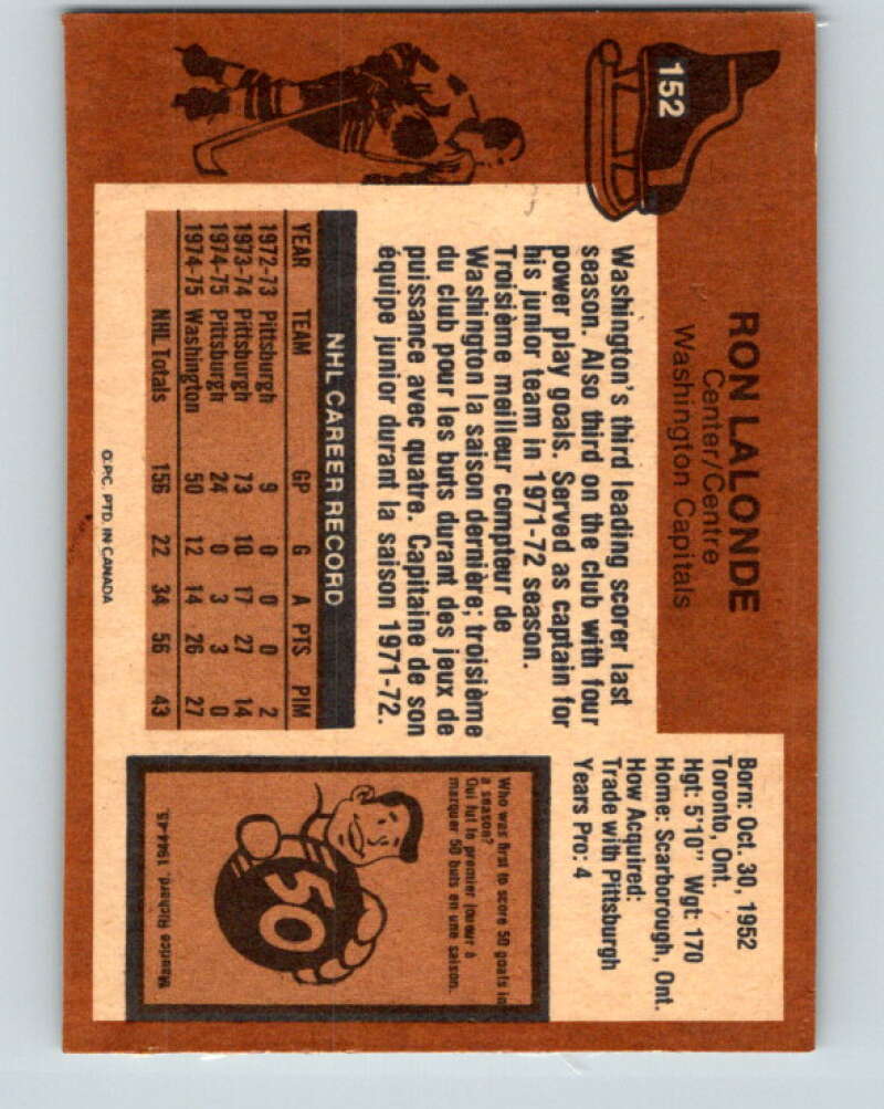 1975-76 O-Pee-Chee #152 Ron Lalonde RC Rookie Washington Capitals V5847