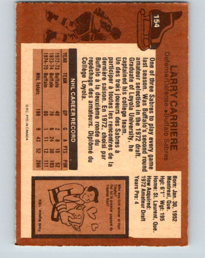 1975-76 O-Pee-Chee #154 Larry Carriere Buffalo Sabres V5852