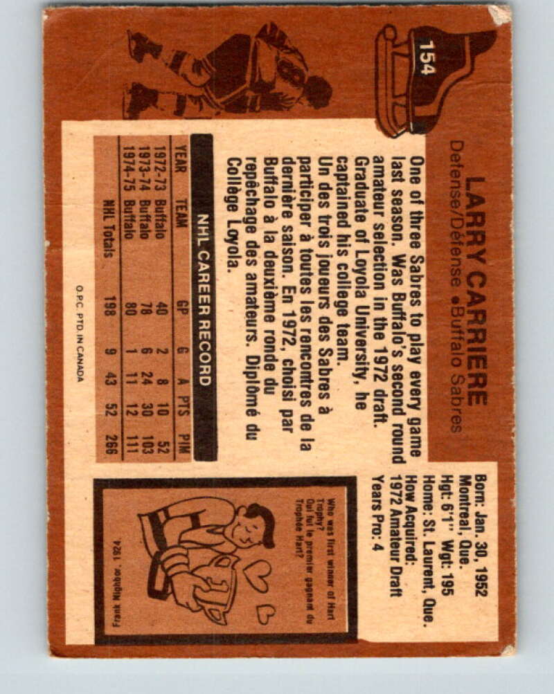 1975-76 O-Pee-Chee #154 Larry Carriere Buffalo Sabres V5853