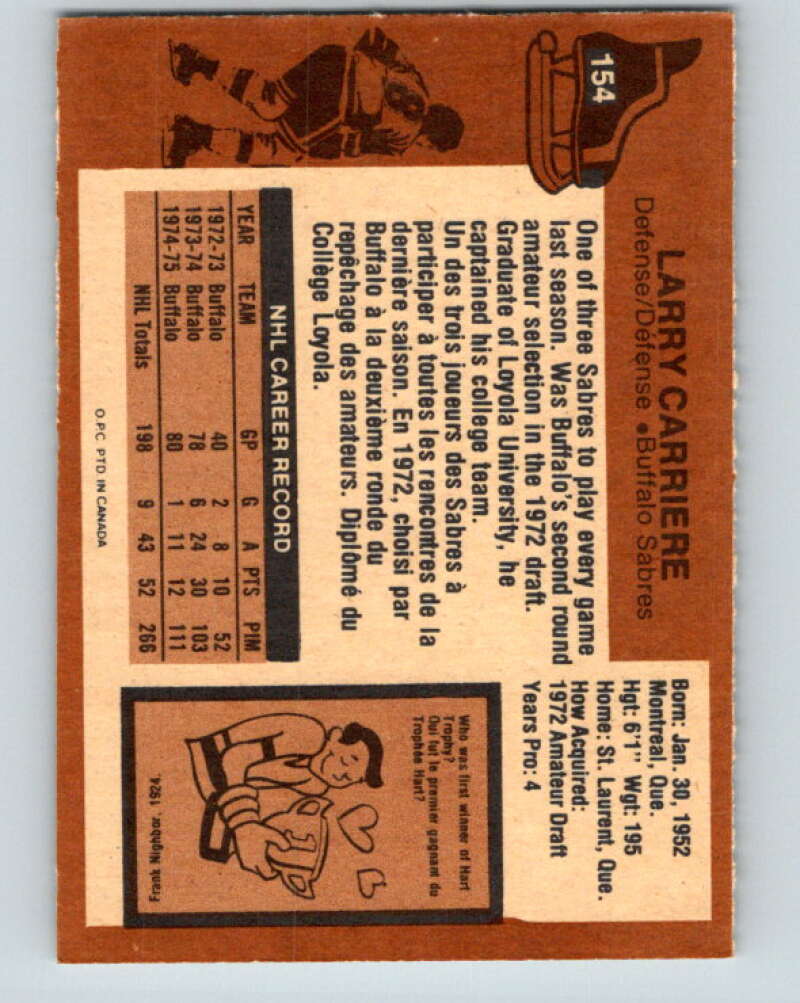 1975-76 O-Pee-Chee #154 Larry Carriere Buffalo Sabres V5854